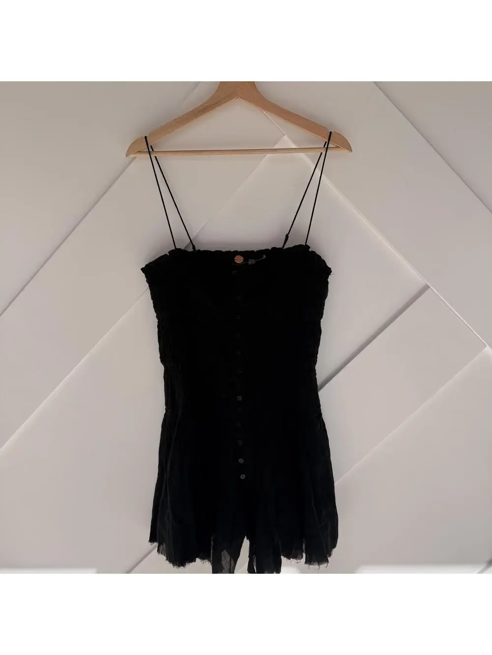 Free People Black Button-Front Mini Dress with Spaghetti Straps